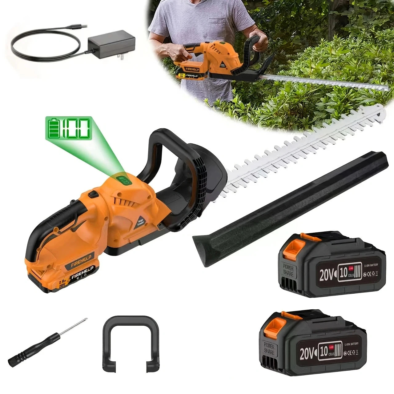 Firehelp Cordless Hedge Trimmer Pruner 20V Battery Powered