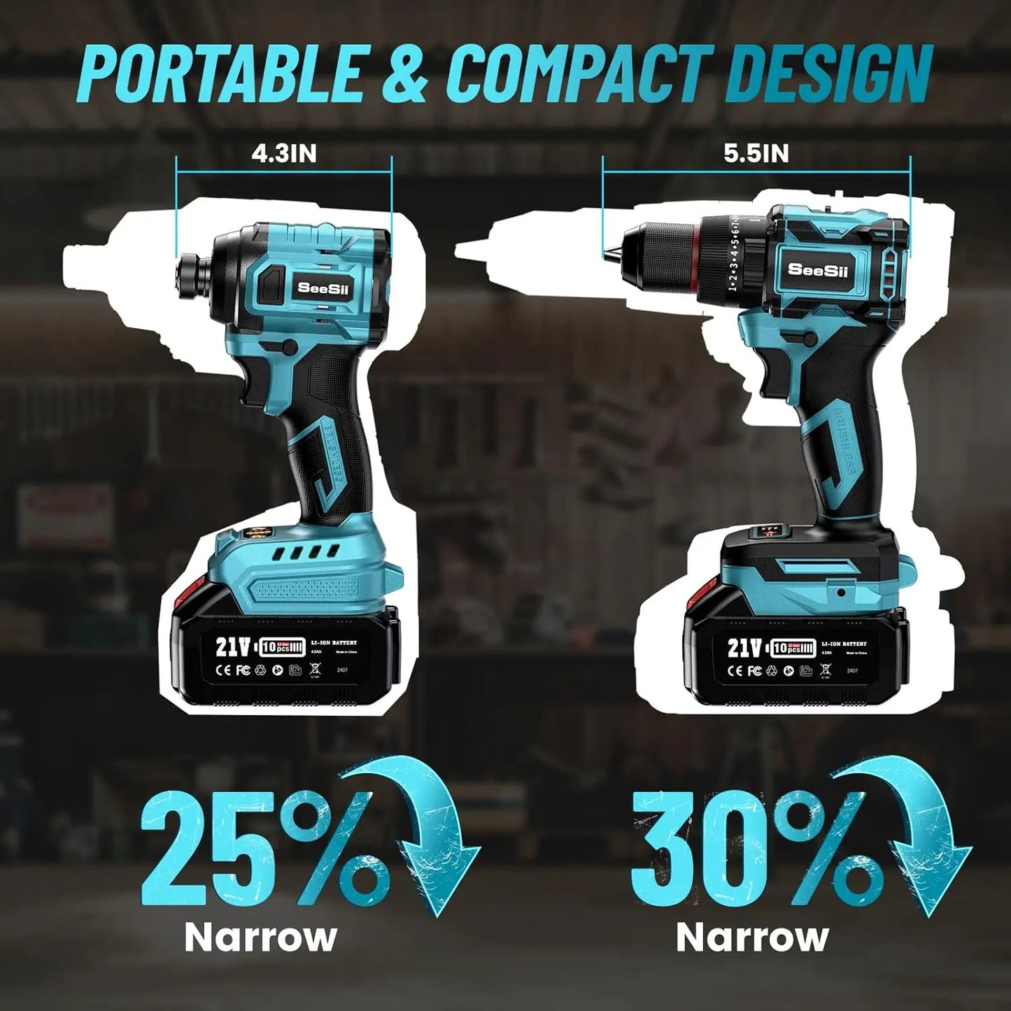 Seesii 21V Max Cordless Drill and Brushless Impact Wrench Kit
