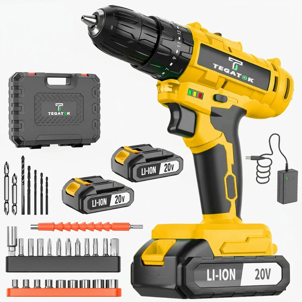 TEGATOK 20V Impact Drill LED Two Speed Cordless Drill