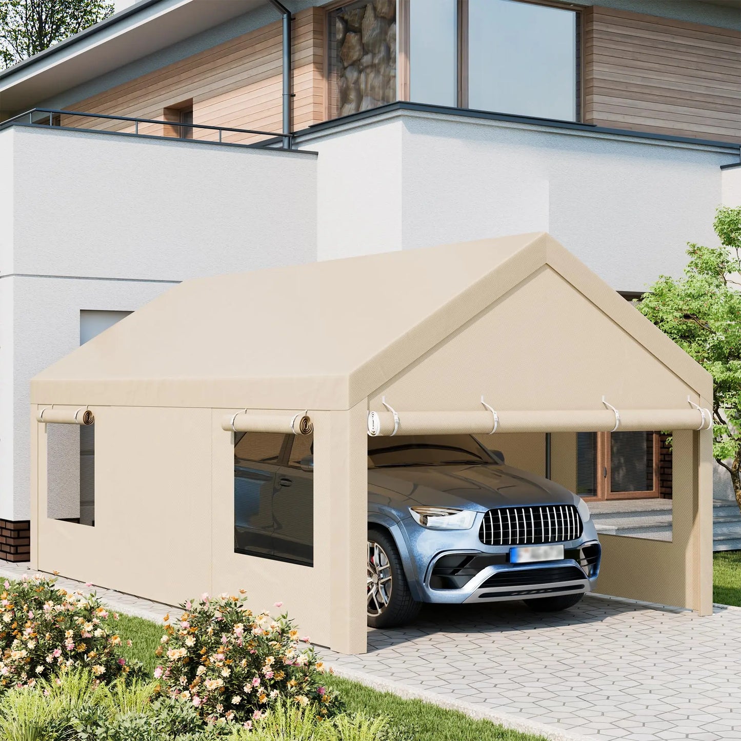 Jamfly Heavy Duty Carport With Roll Up Windows Portable Garage