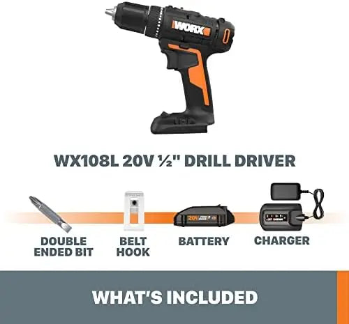 Worx WX108L 20V Cordless Drill Driver Variable Speed LED Light