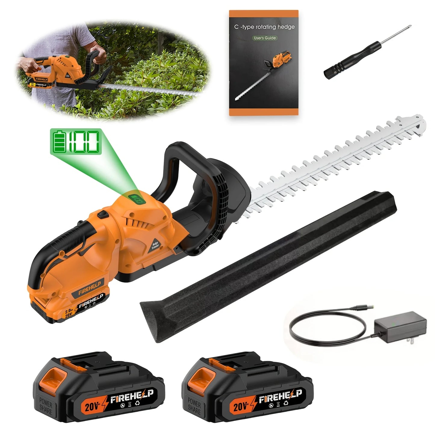 Firehelp Cordless Hedge Trimmer Pruner 20V Battery Powered