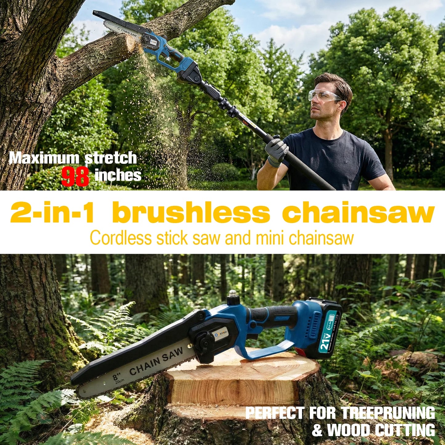 2 In 1 Cordless Pole Saw And Mini Chainsaw For Tree Trimming