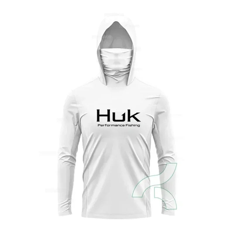 HUK Fishing Shirt Long Sleeve Hooded UPF 50 Face Mask
