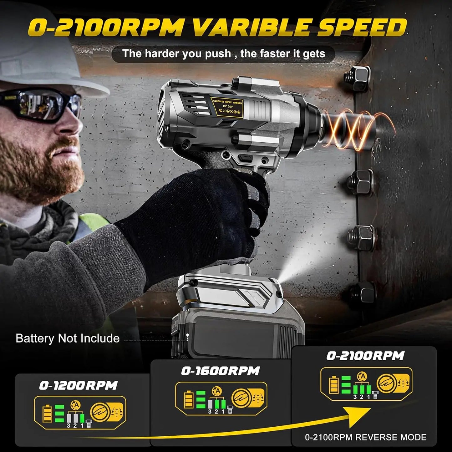 Cordless Impact Wrench 20V Battery Compatible High Torque 4 Modes