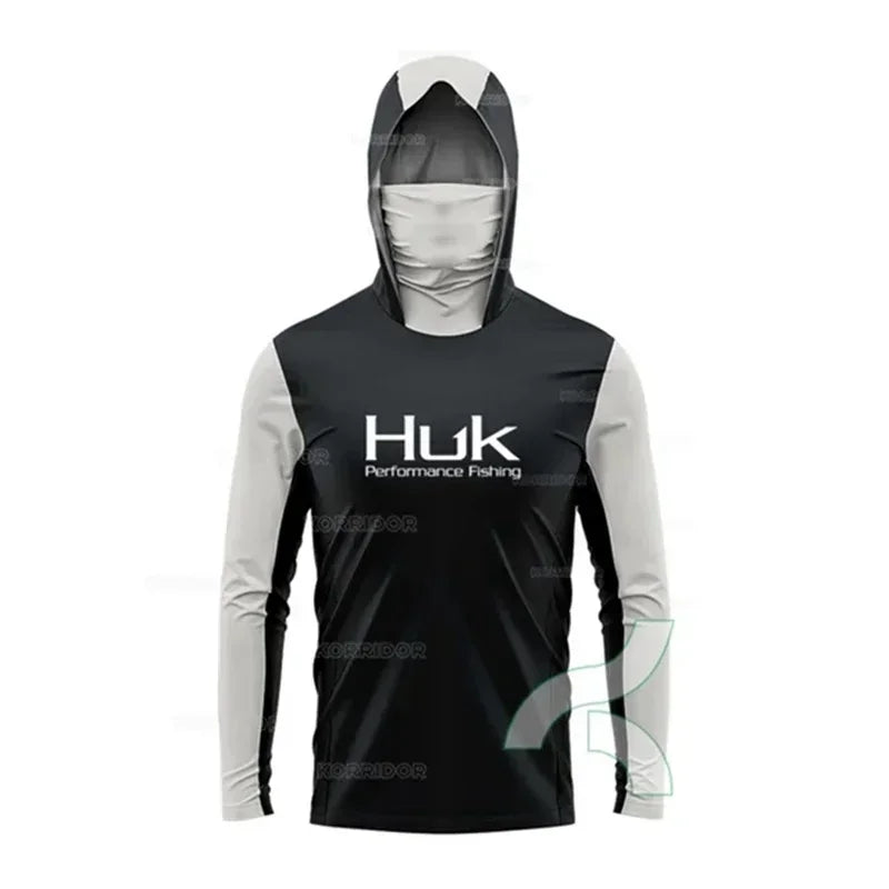 HUK Fishing Shirt Long Sleeve Hooded UPF 50 Face Mask