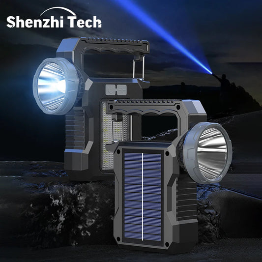 Solar Portable Rechargeable LED Flashlight Searchlight With COB Work Light