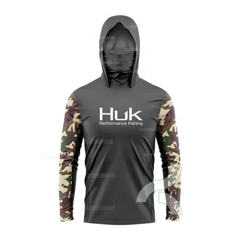 HUK Fishing Shirt Long Sleeve Hooded UPF 50 Face Mask