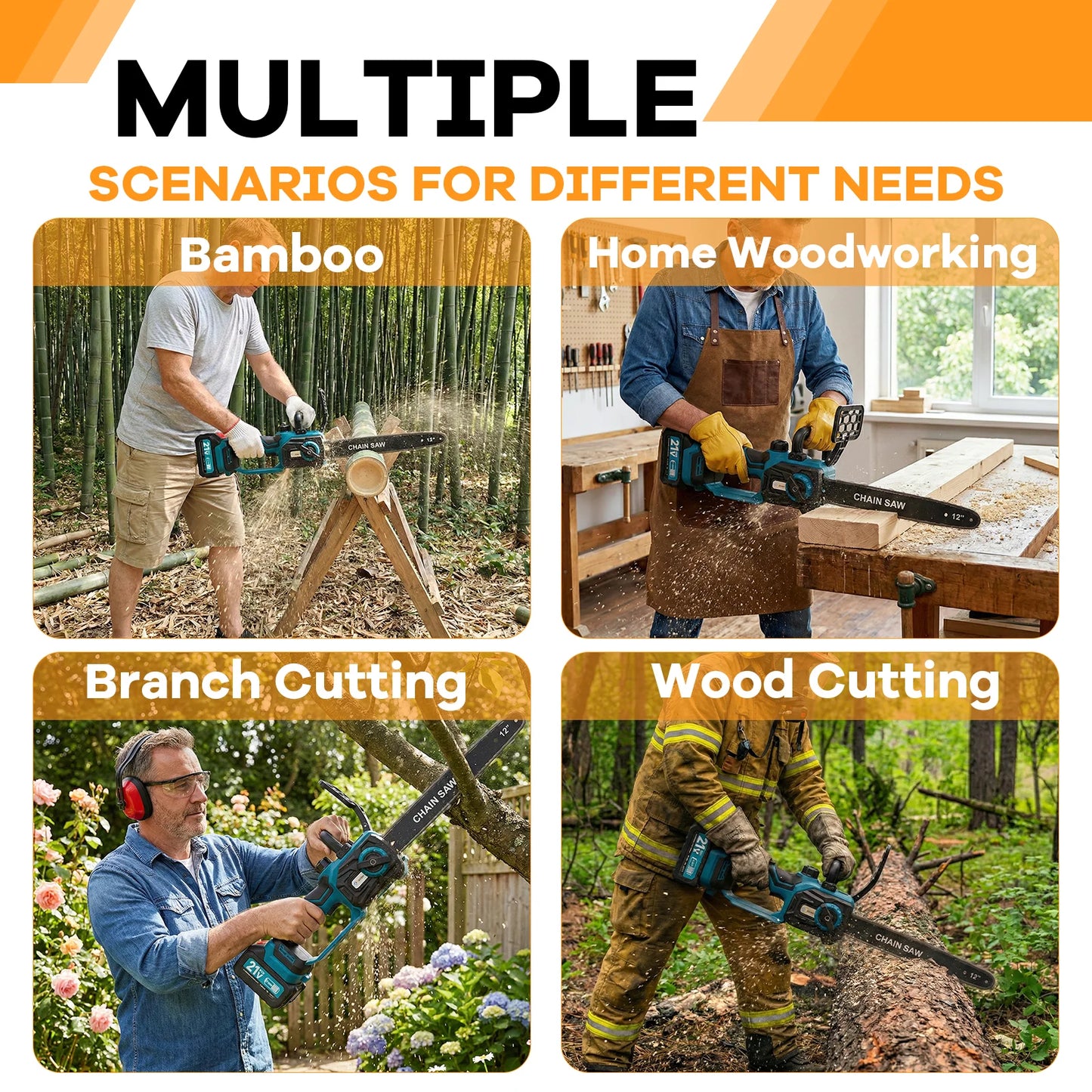XYSD Cordless Electric Chainsaw 21V With 2x3000mAh Battery For Tree Trimming