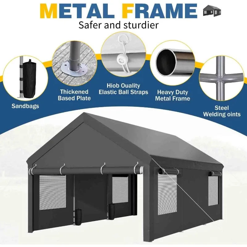 Jamfly Heavy Duty Carport With Roll Up Windows Portable Garage