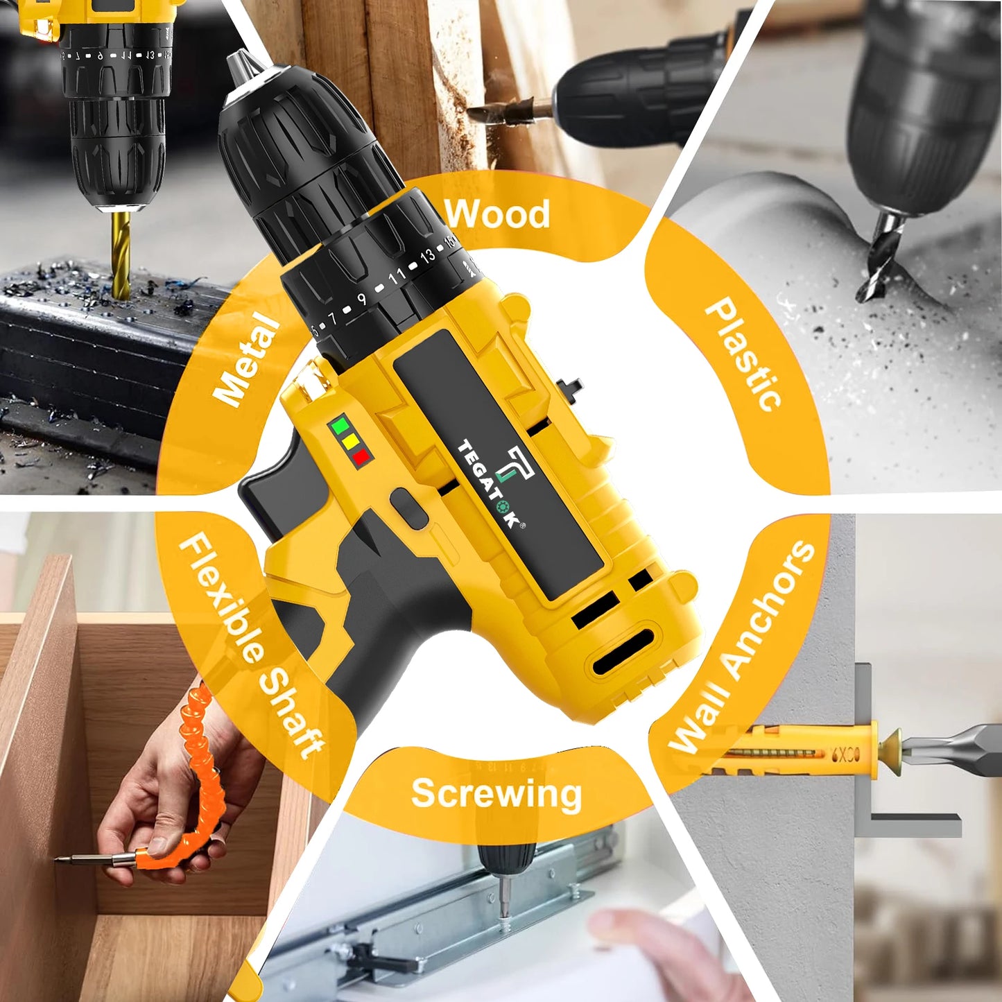 TEGATOK 20V Impact Drill LED Two Speed Cordless Drill