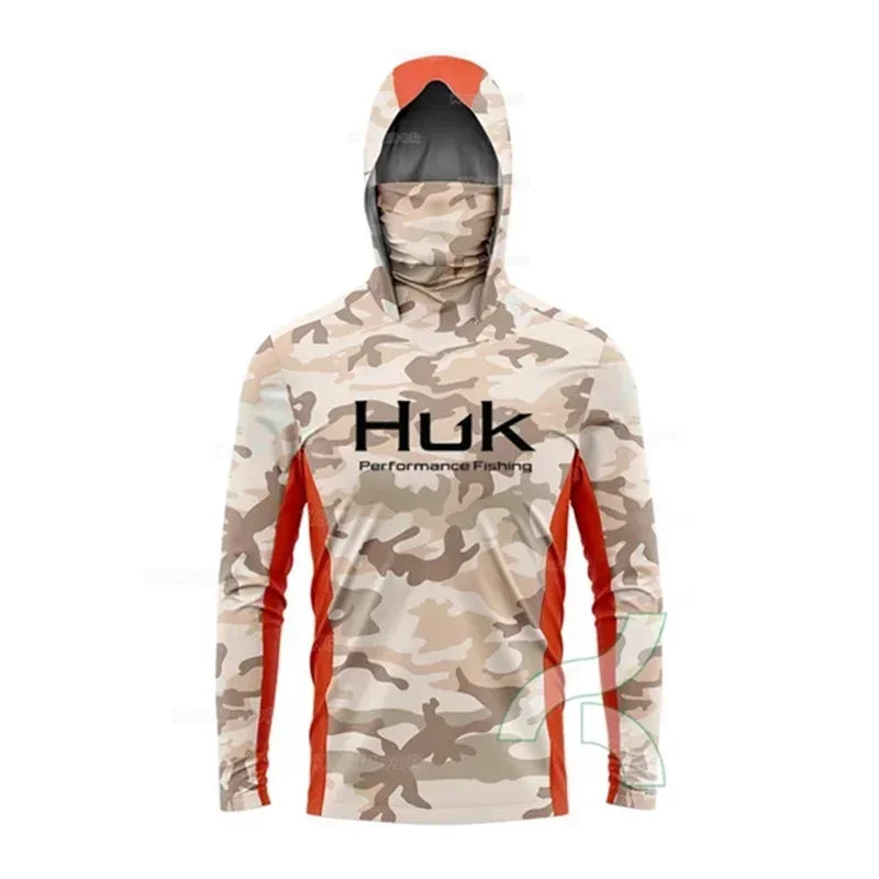 HUK Fishing Shirt Long Sleeve Hooded UPF 50 Face Mask