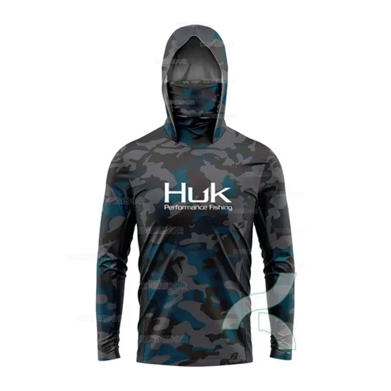 HUK Fishing Shirt Long Sleeve Hooded UPF 50 Face Mask