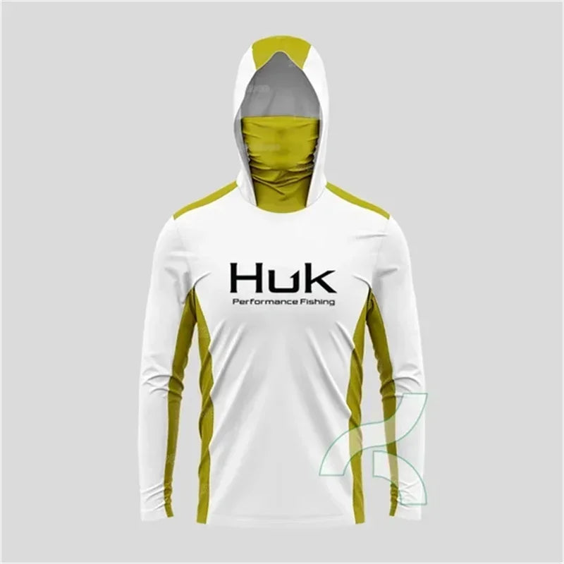 HUK Fishing Shirt Long Sleeve Hooded UPF 50 Face Mask