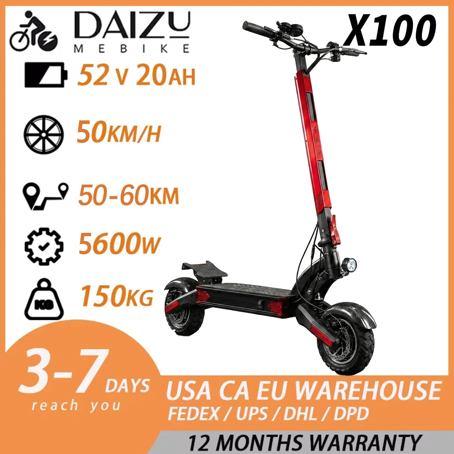 Dual Motor Snow Electric Scooter 72V 6000W Off Road Folding Scooter