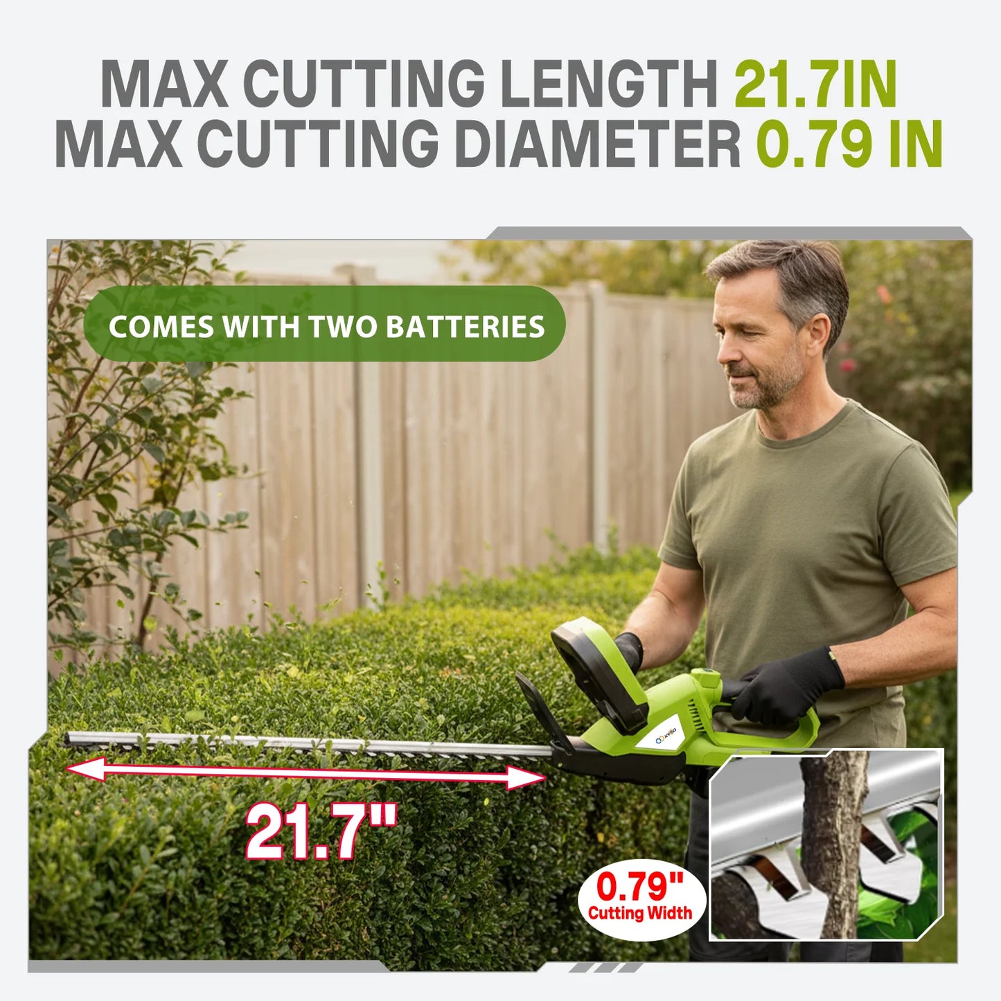 XYSD Cordless Hedge Trimmer With 21V 3.0Ah Batteries