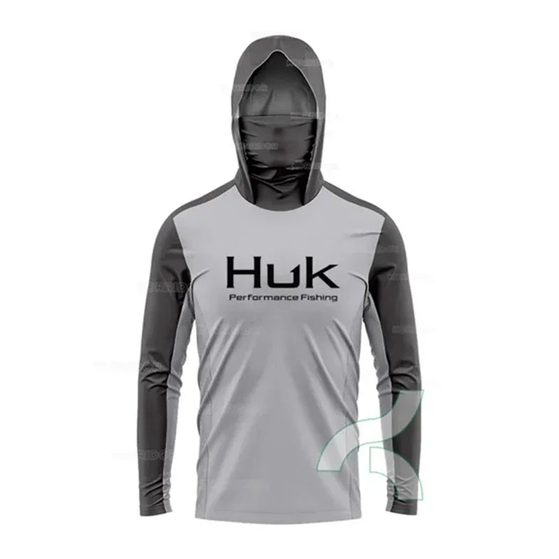 HUK Fishing Shirt Long Sleeve Hooded UPF 50 Face Mask