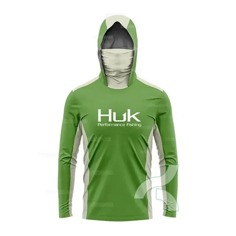 HUK Fishing Shirt Long Sleeve Hooded UPF 50 Face Mask