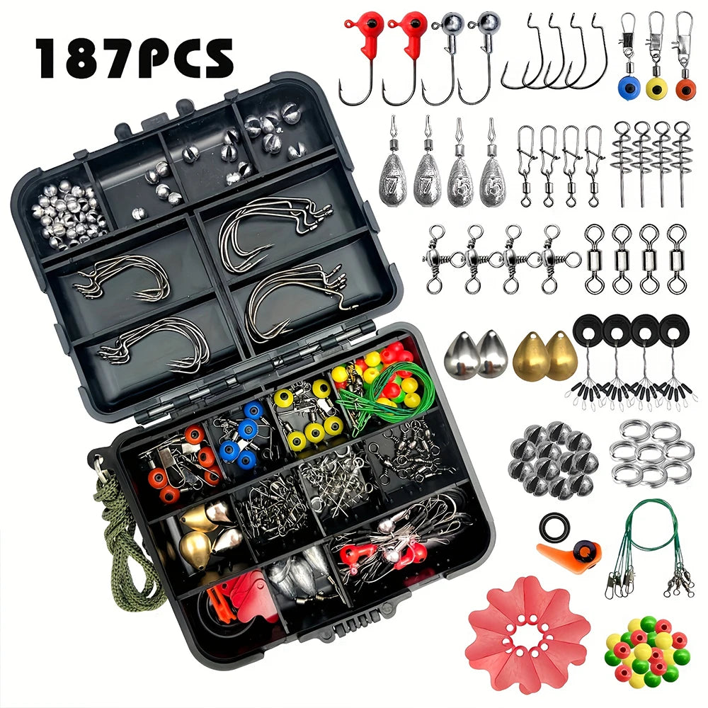 187Pcs Ultimate Fishing Kit Set Tackle Box With Hooks Sinkers