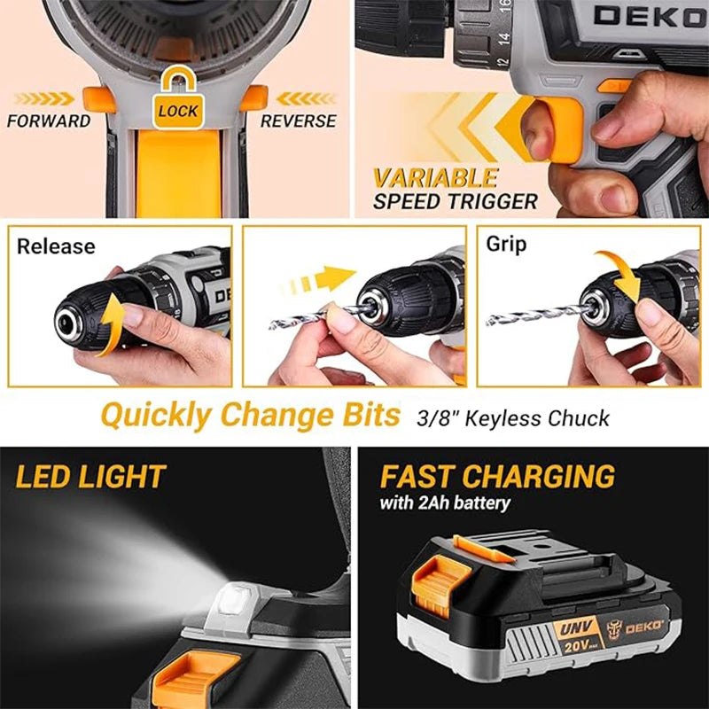 DEKO 20V Cordless Drill Kit With Battery For Home DIY