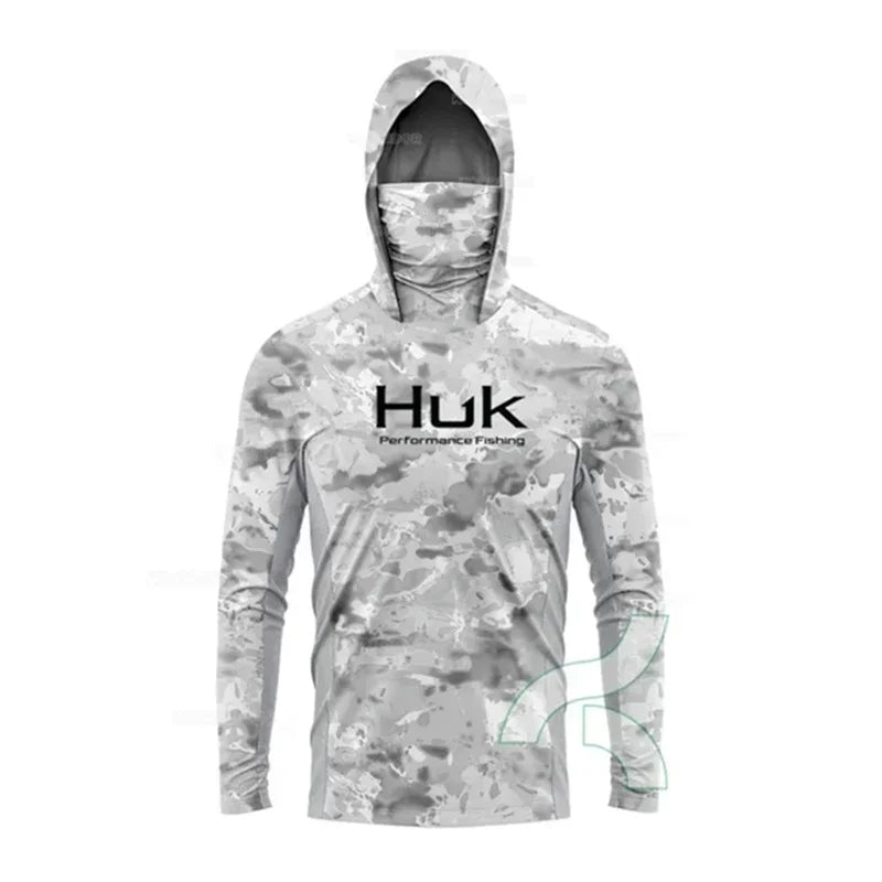 HUK Fishing Shirt Long Sleeve Hooded UPF 50 Face Mask