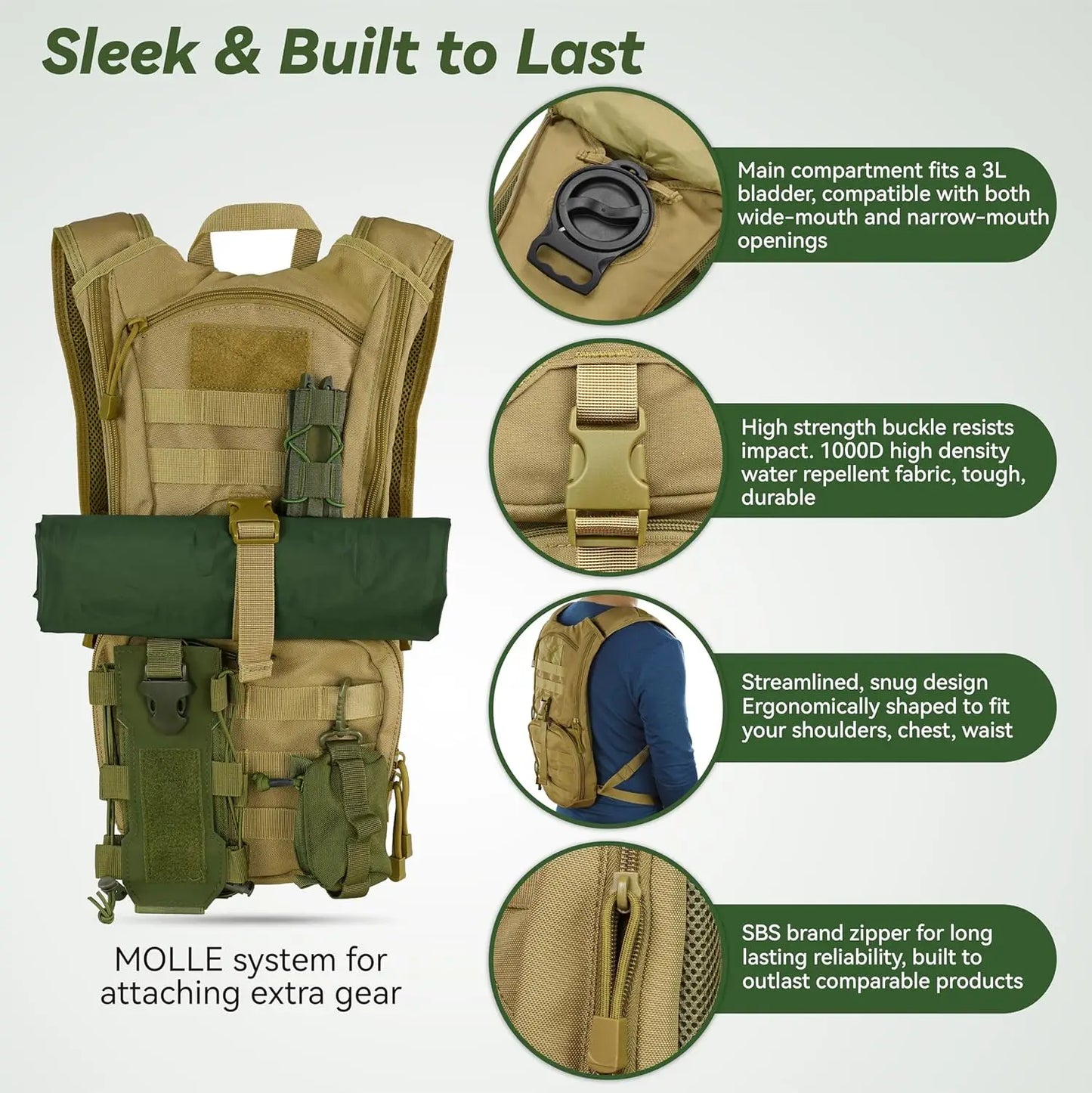 Tactical Molle Hydration Pack Backpack With 3L TPU Water Bladder