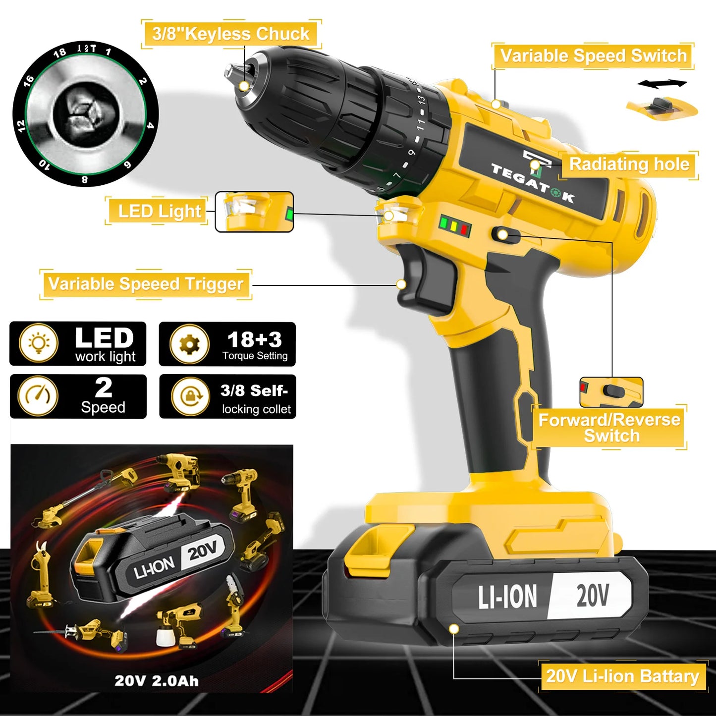 TEGATOK 20V Impact Drill LED Two Speed Cordless Drill