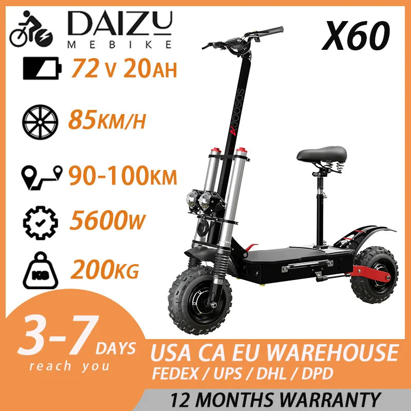 Dual Motor Snow Electric Scooter 72V 6000W Off Road Folding Scooter