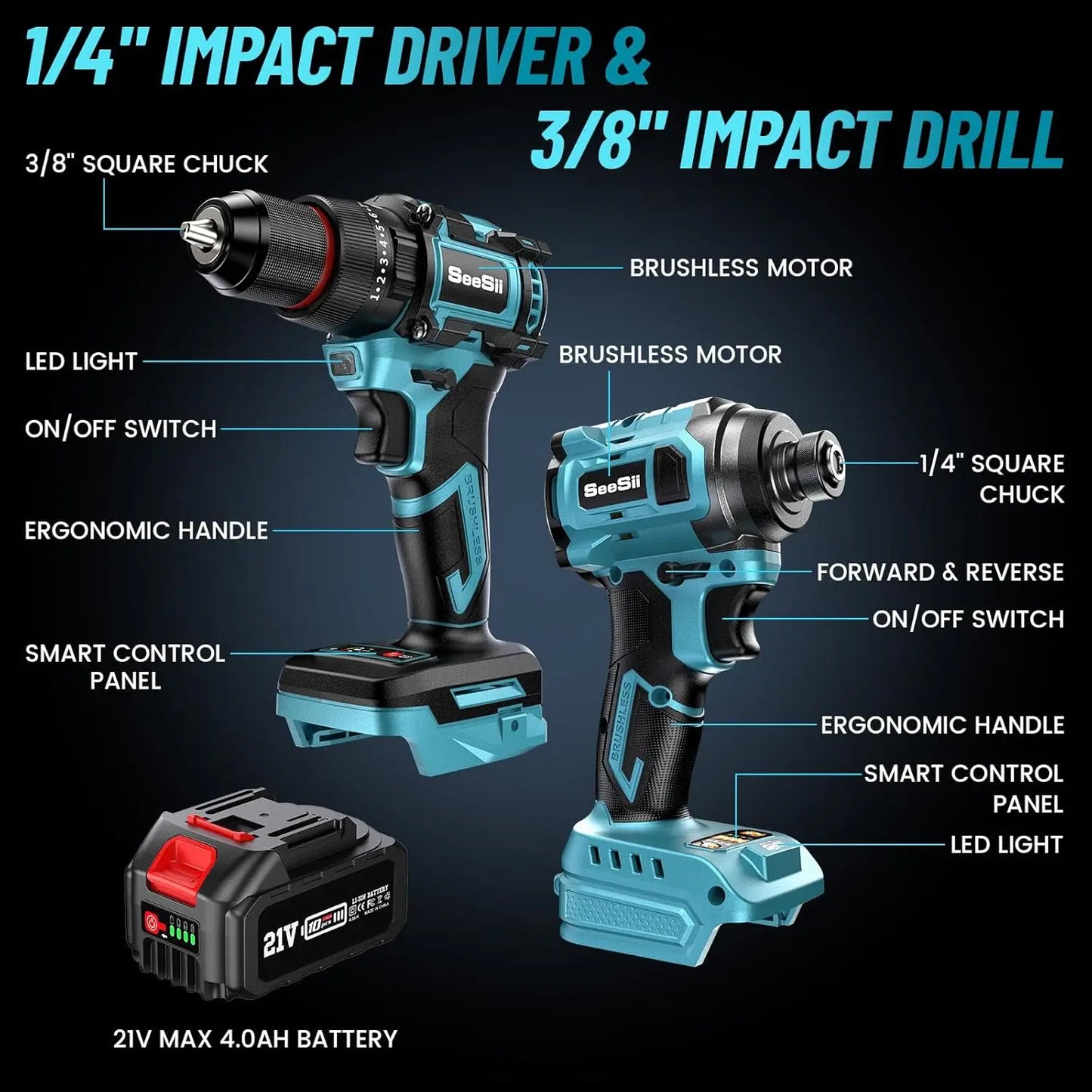 Seesii 21V Max Cordless Drill and Brushless Impact Wrench Kit