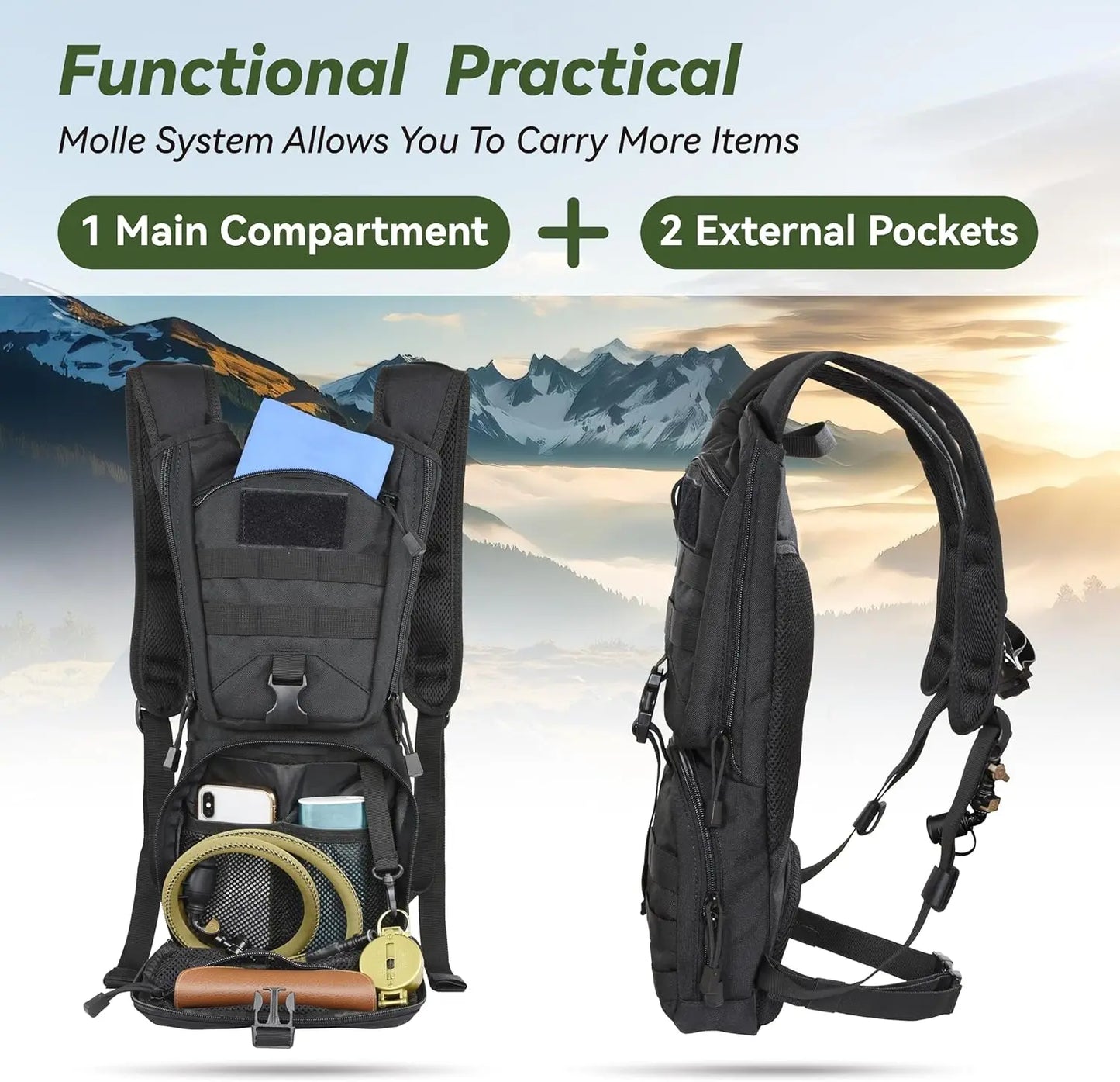 Tactical Hydration Backpack With 3L Bladder For Outdoor Activities