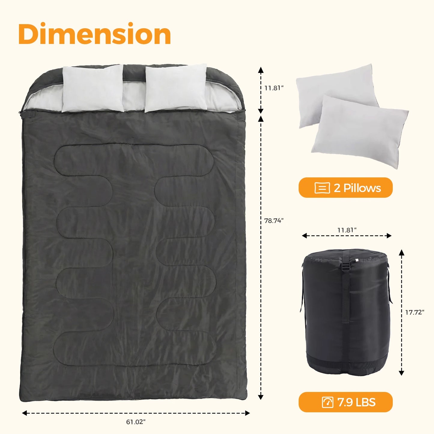 Lightweight Double Sleeping Bag For Two Adults With Pillow 3 Season Portable