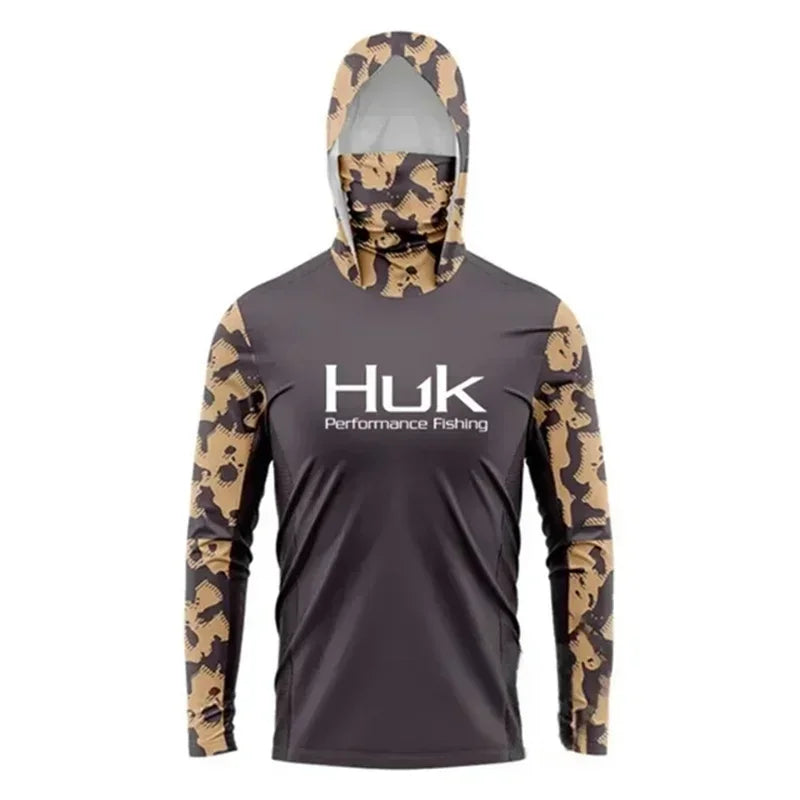 HUK Fishing Shirt Long Sleeve Hooded UPF 50 Face Mask