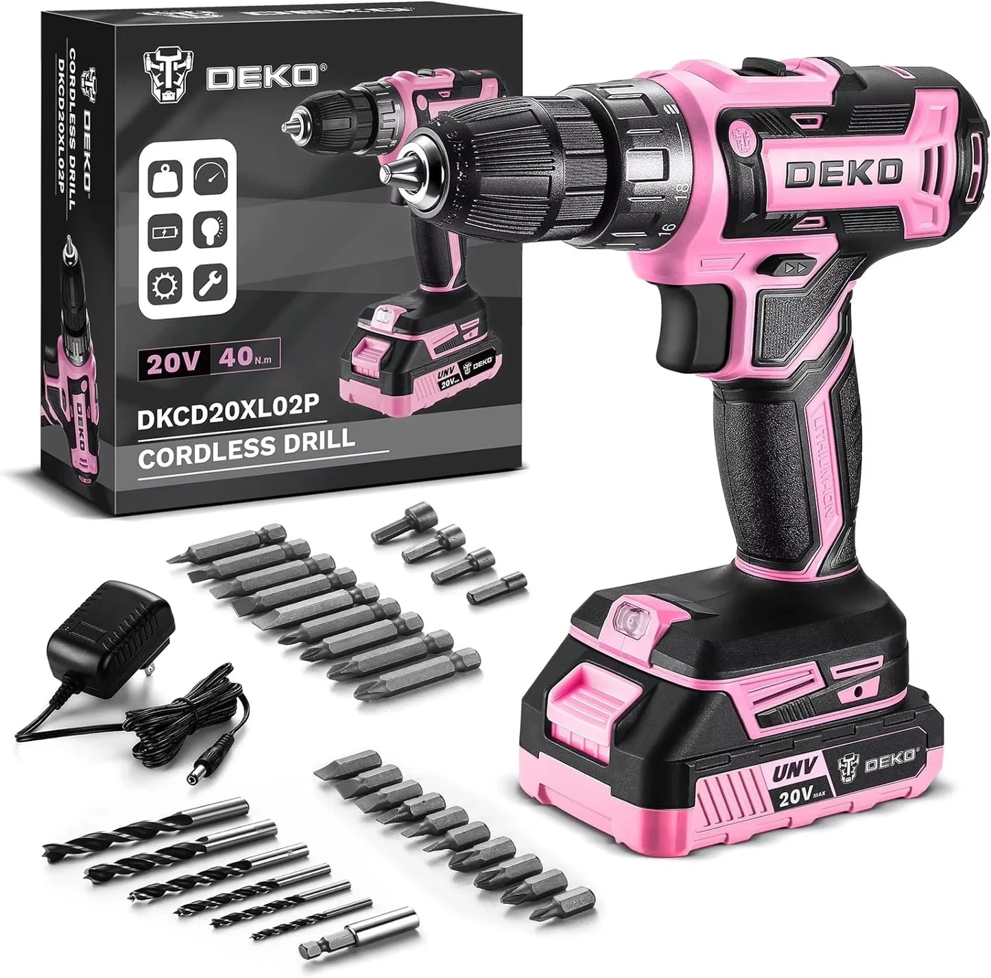 DEKO 20V Womens Cordless Drill Kit With Battery And Charger