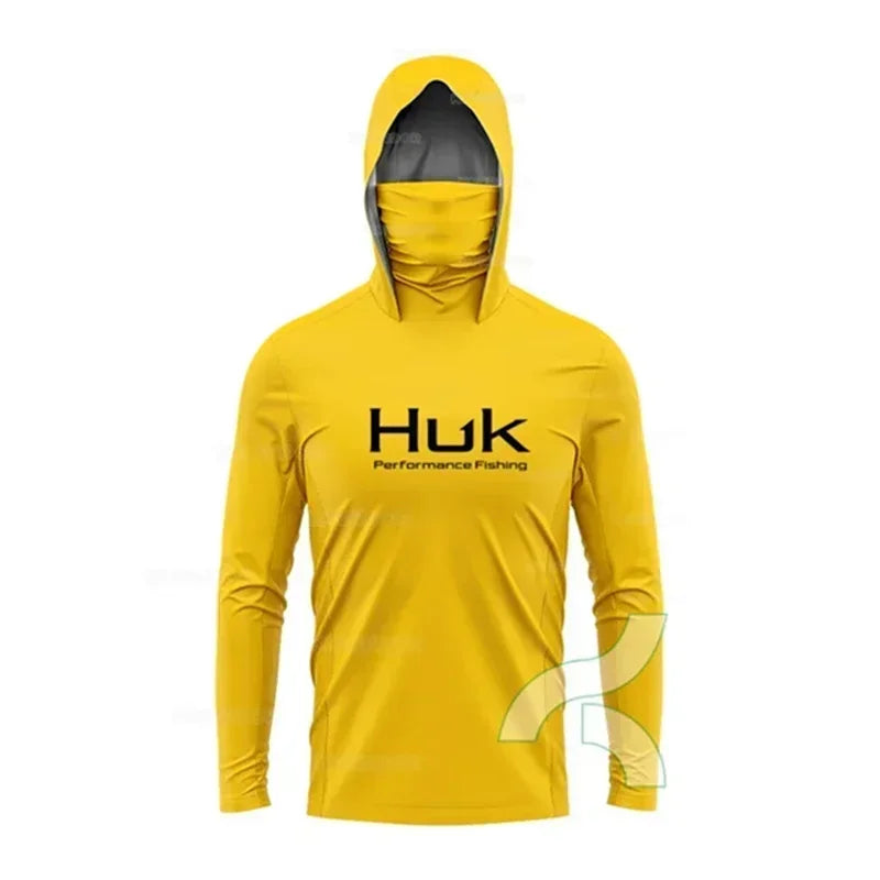 HUK Fishing Shirt Long Sleeve Hooded UPF 50 Face Mask