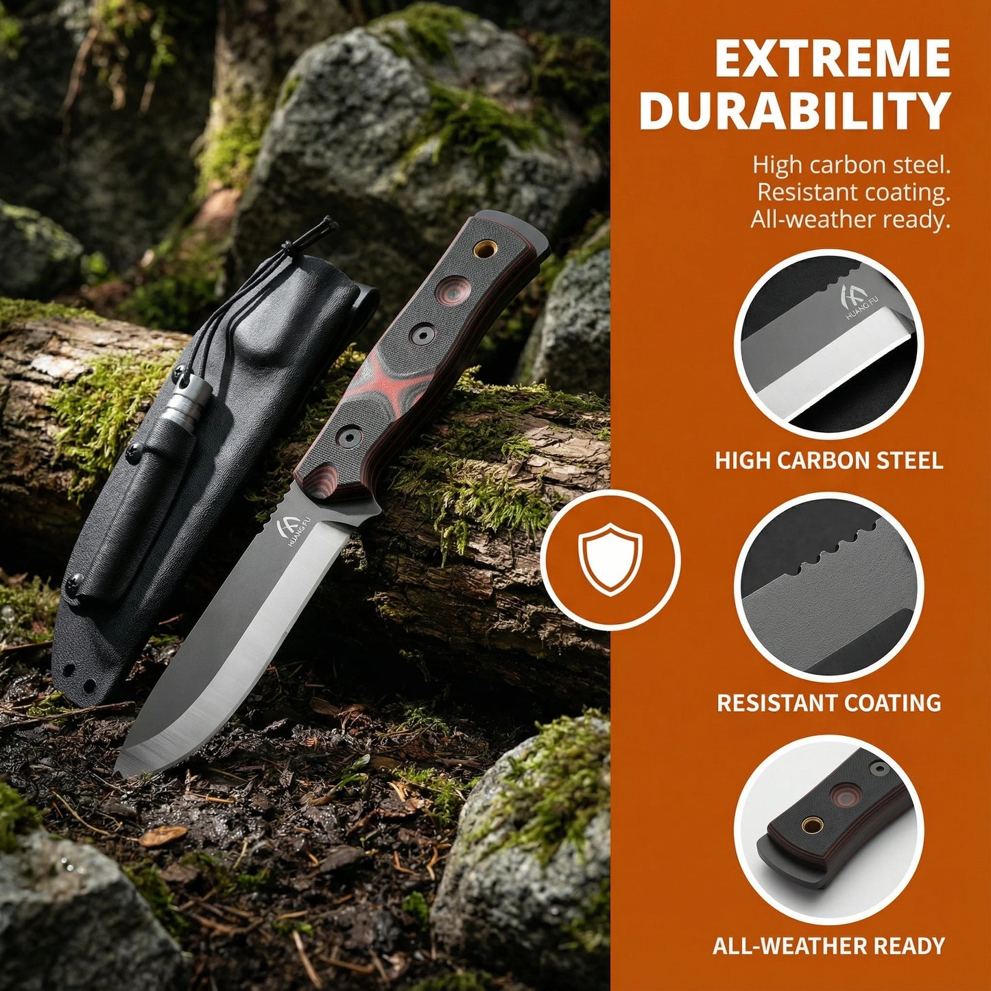 HUANGFU G10 Fixed Blade Knife With Sheath For Outdoors