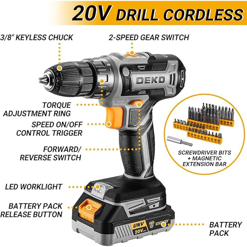 DEKO 20V Cordless Drill Kit With Battery For Home DIY