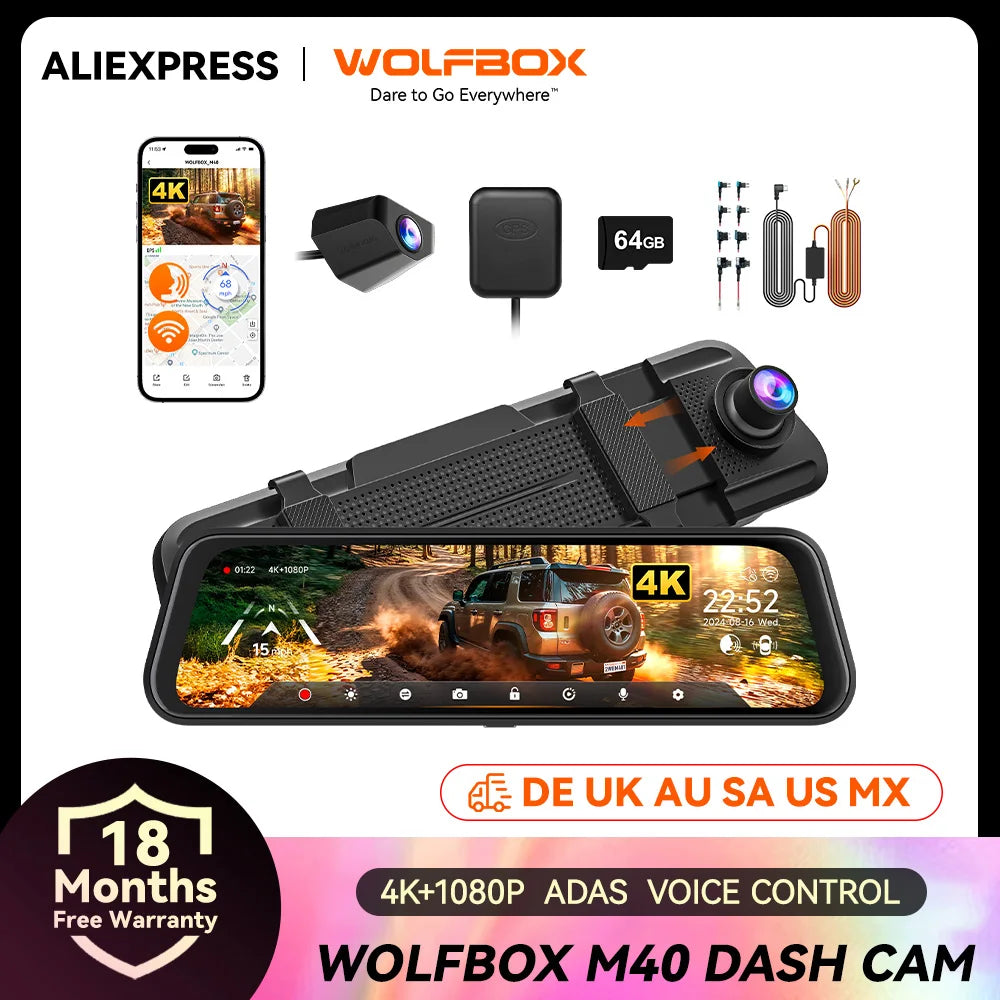 Wolfbox M40 Dash Cam 4K Plus 1080P Voice Control ADAS
