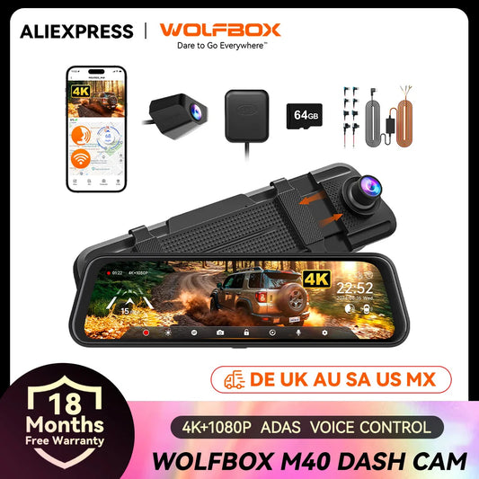 Wolfbox M40 Dash Cam 4K Plus 1080P Voice Control ADAS