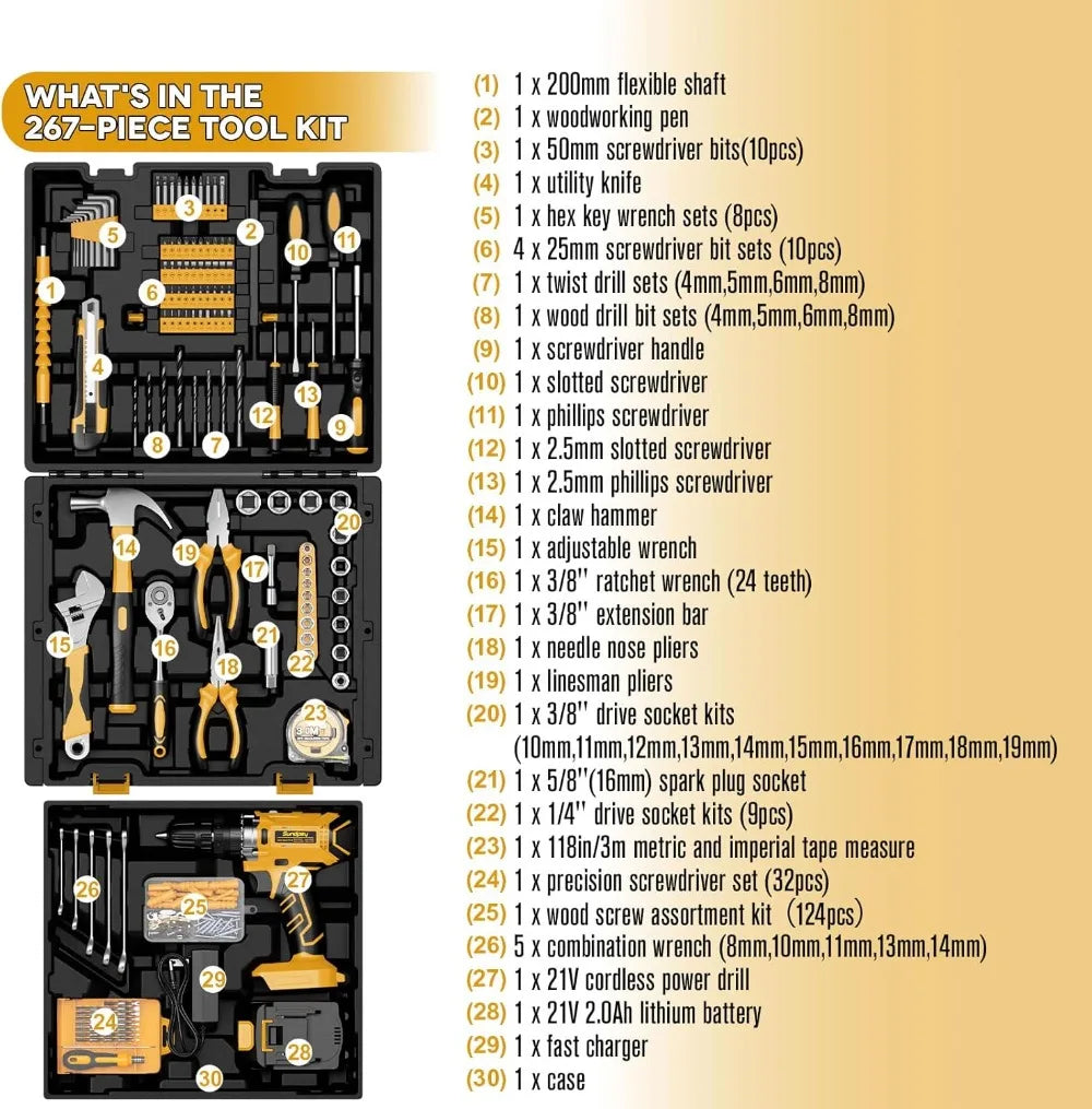 267 Piece Home Tool Kit With 21V Cordless Drill 2.0Ah Battery And Charger