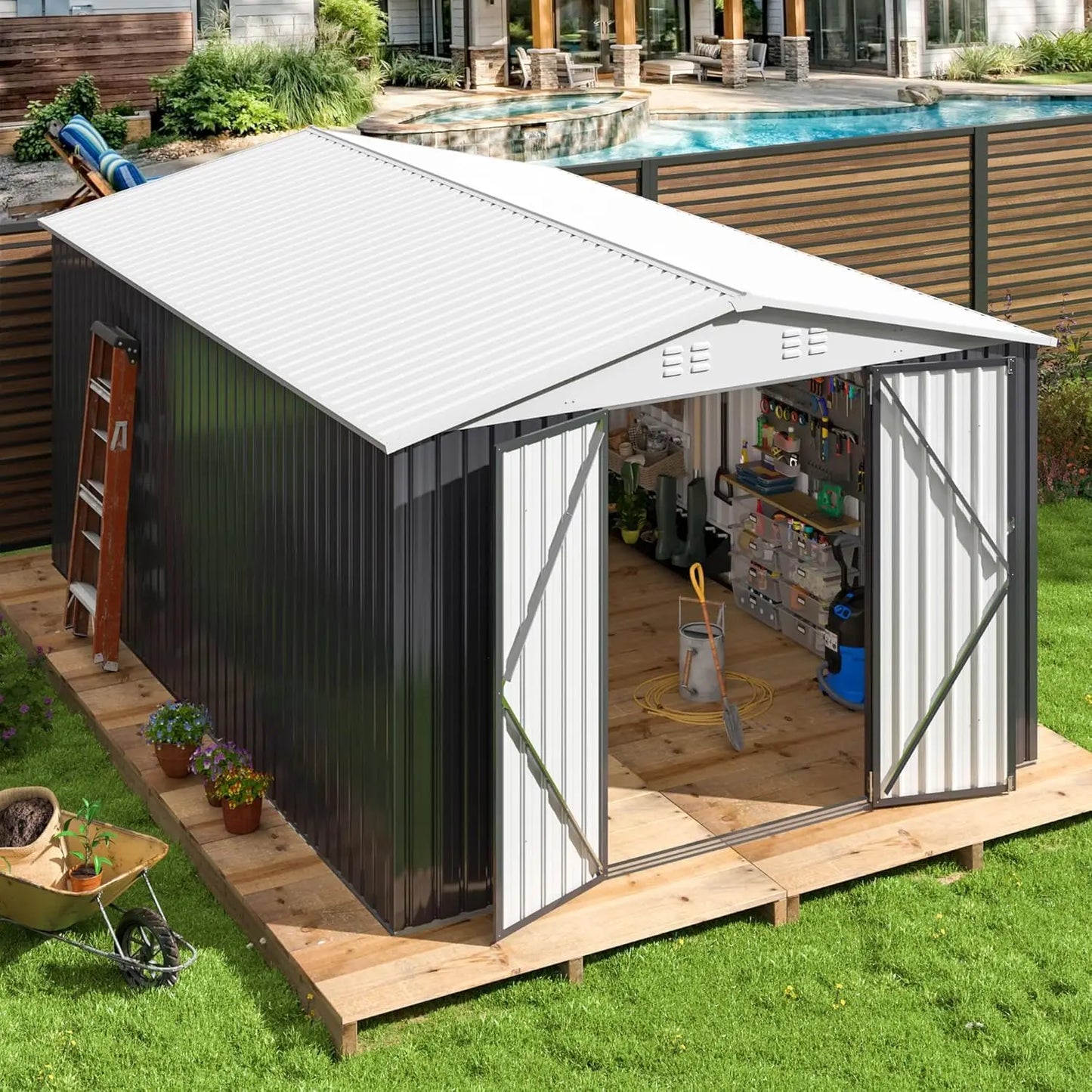 HUANZHUANG Outdoor Storage Shed With Lockable Doors Wood Frame