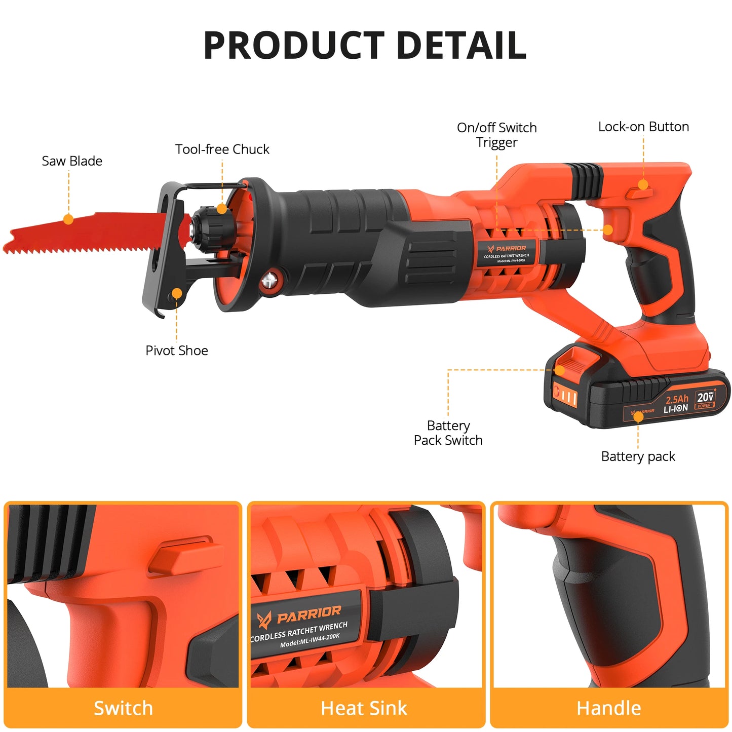 Parrior 20V Cordless Reciprocating Saw With Battery Kit