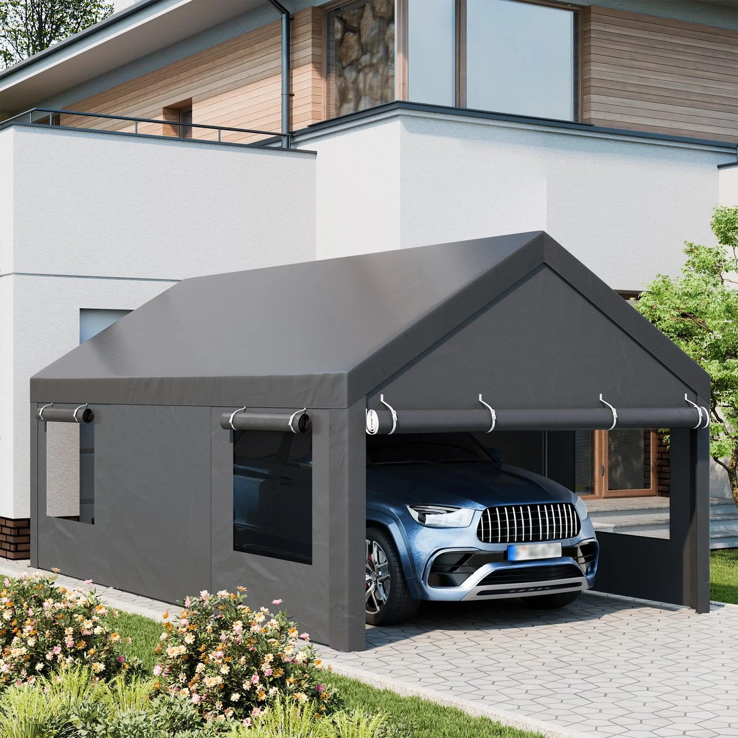 Jamfly Heavy Duty Carport With Roll Up Windows Portable Garage