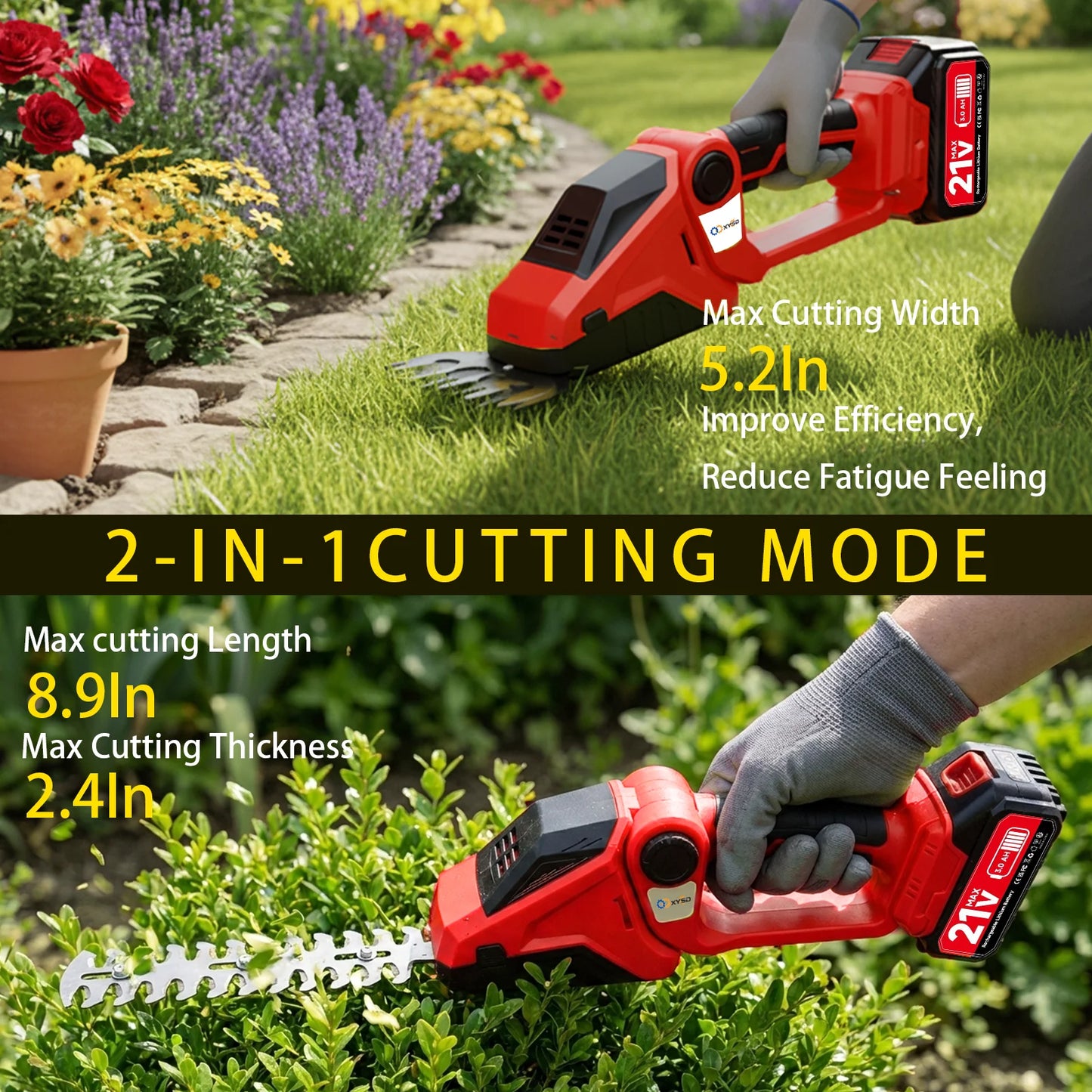 XYSD 2-In-1 Cordless Hedge Trimmer And Grass Shear For Gardens And Yards