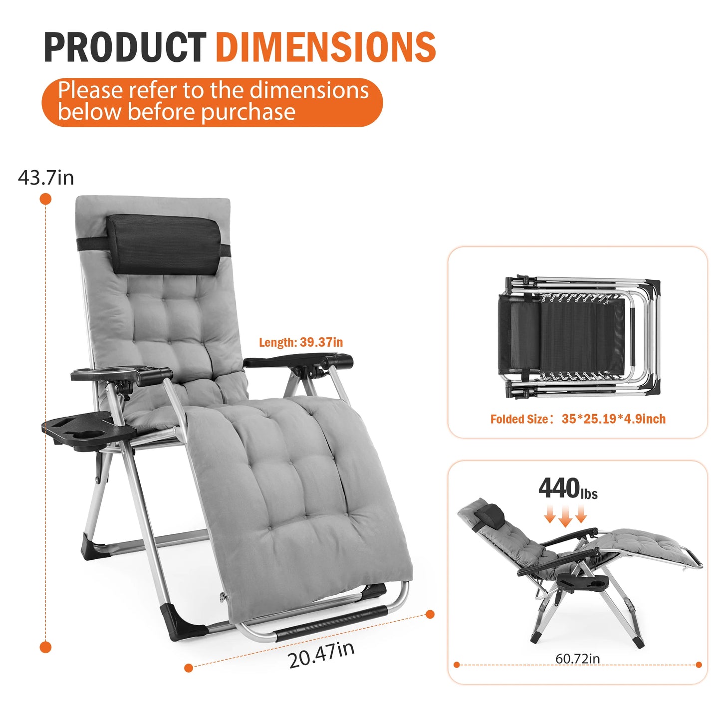 JHK Zero Gravity Camping Lounge Chair With Cup Holder Trays