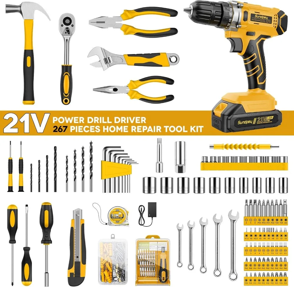 267 Piece Home Tool Kit With 21V Cordless Drill 2.0Ah Battery And Charger