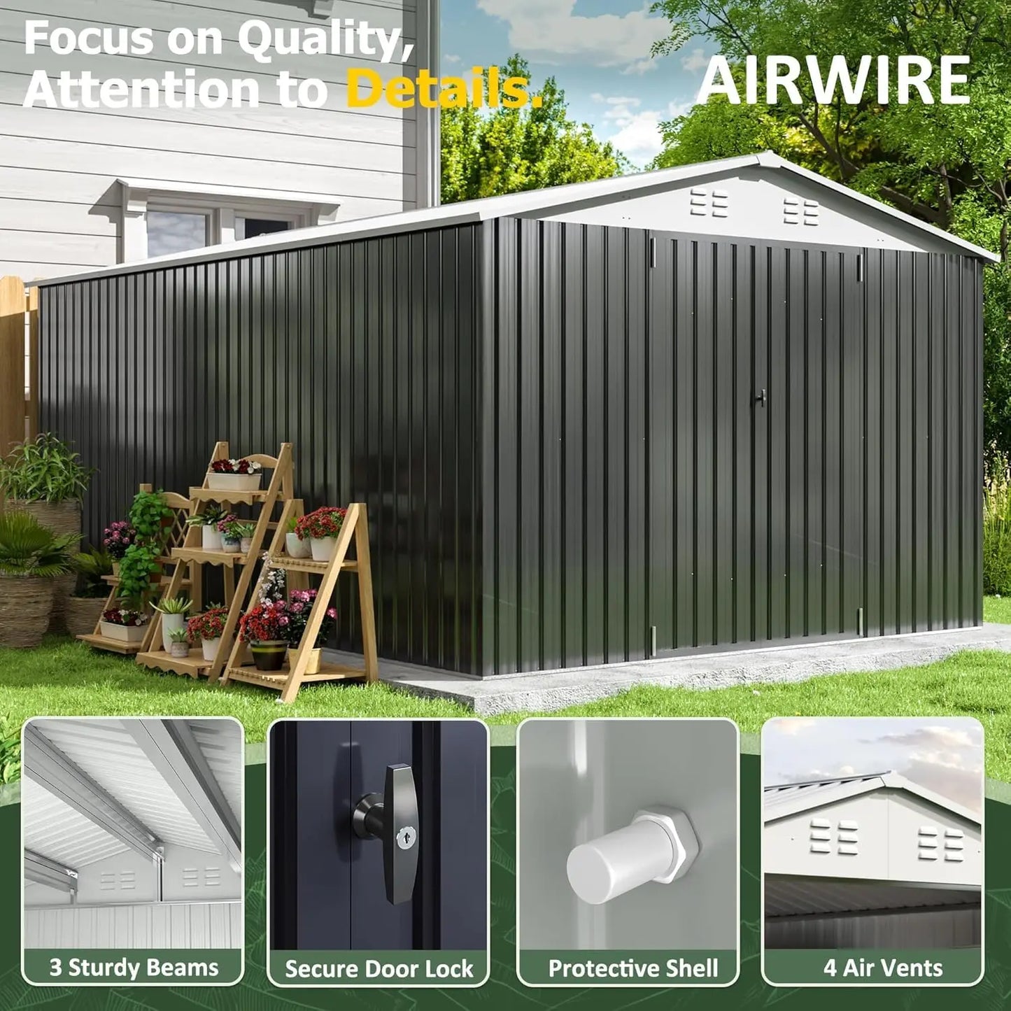 HUANZHUANG Outdoor Storage Shed With Lockable Doors Wood Frame