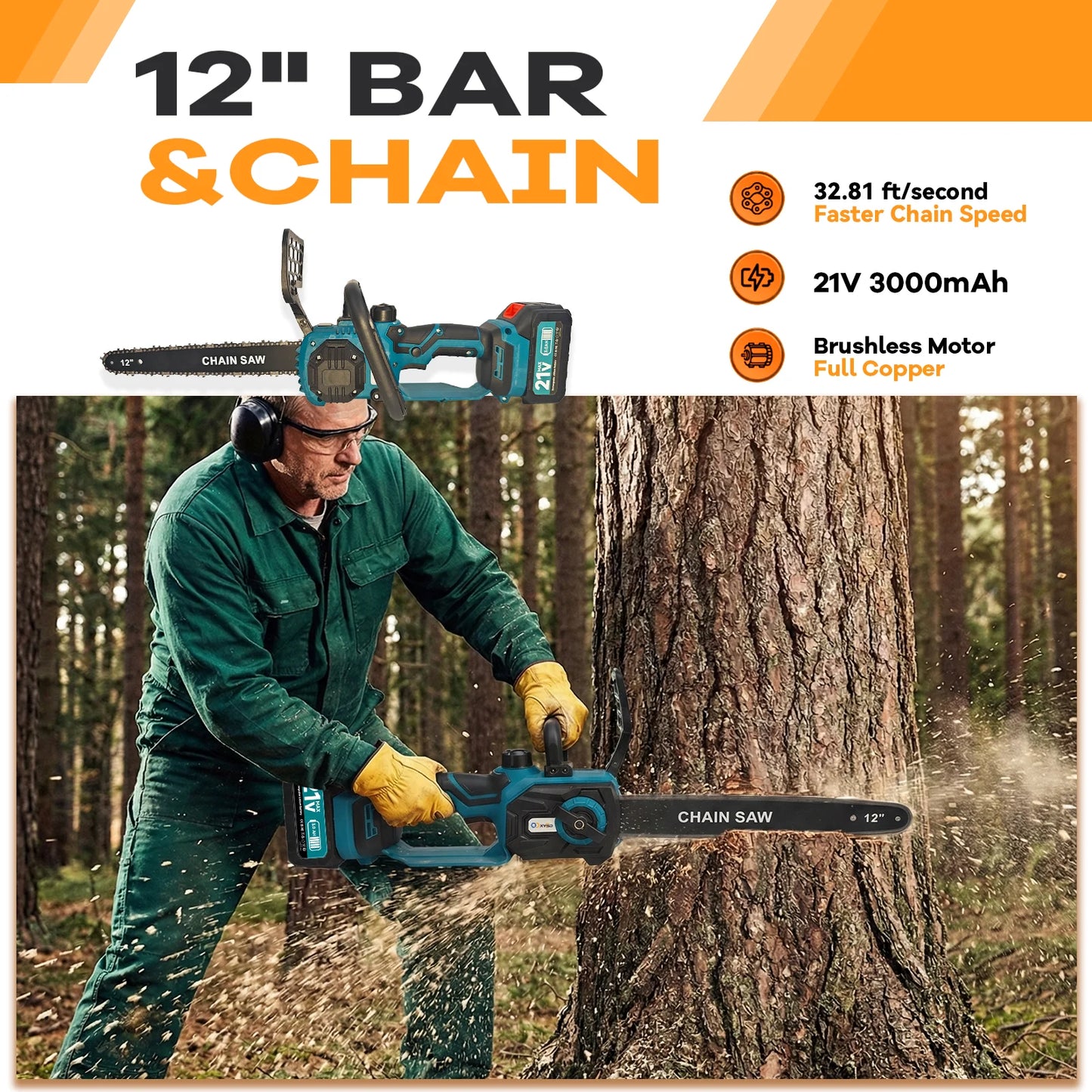 XYSD Cordless Electric Chainsaw 21V With 2x3000mAh Battery For Tree Trimming