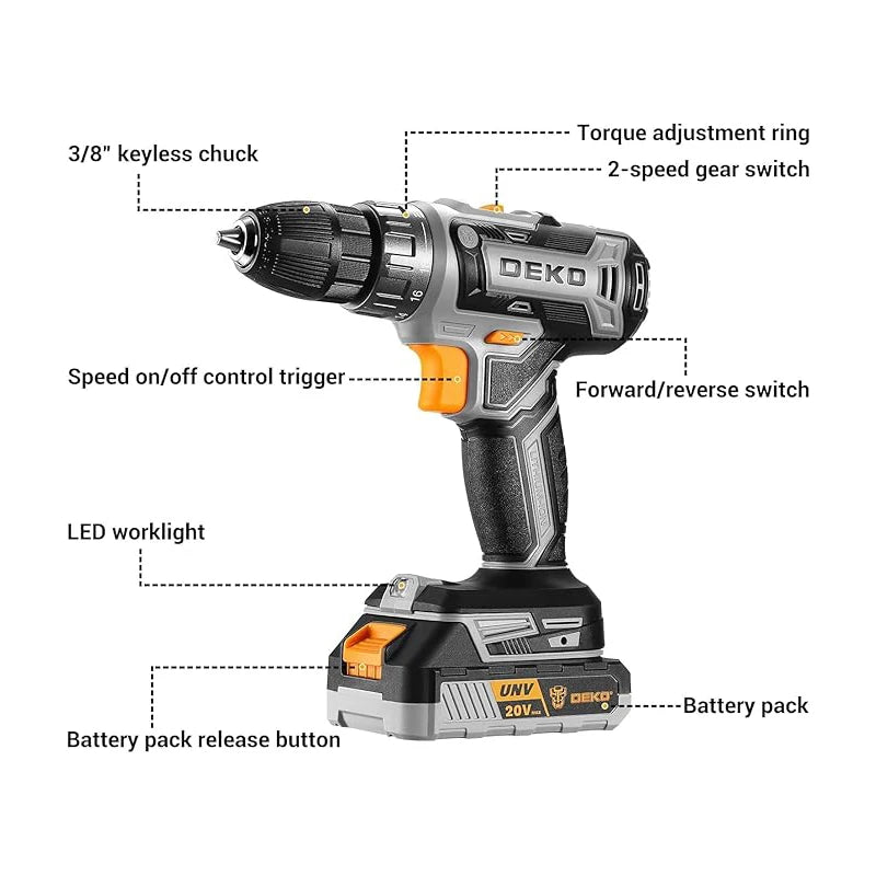 DEKO 20V Womens Cordless Drill Kit With Battery And Charger