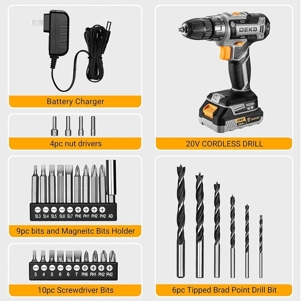 DEKO 20V Cordless Drill Kit With Battery And Charger