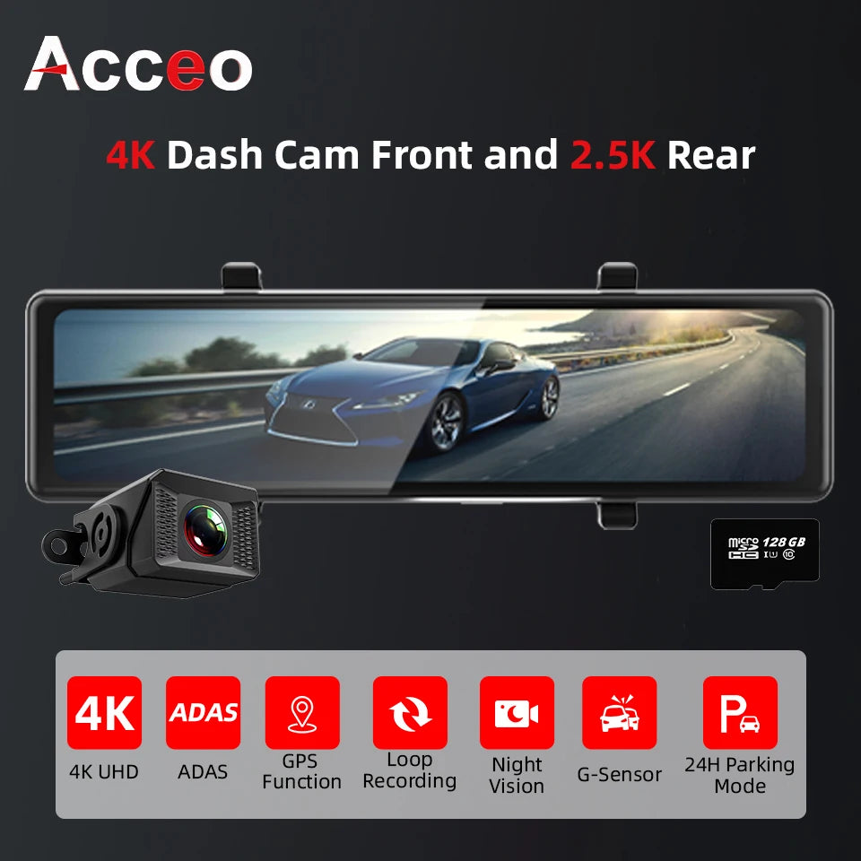 Acceo 4K Dashcam With Dual Channel Recording ADAS GPS